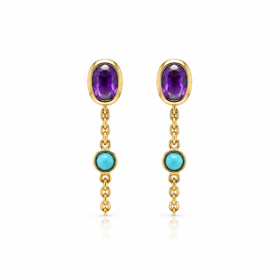 14k yellow gold star stud earrings set with amethyst and turquoise and a double chain