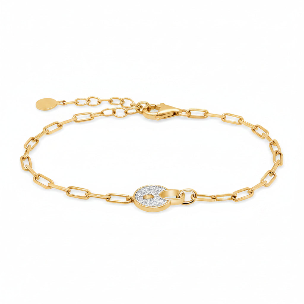 14k gold paper-clip chain bracelet with padlock charm and 0.07 cts pavé diamonds