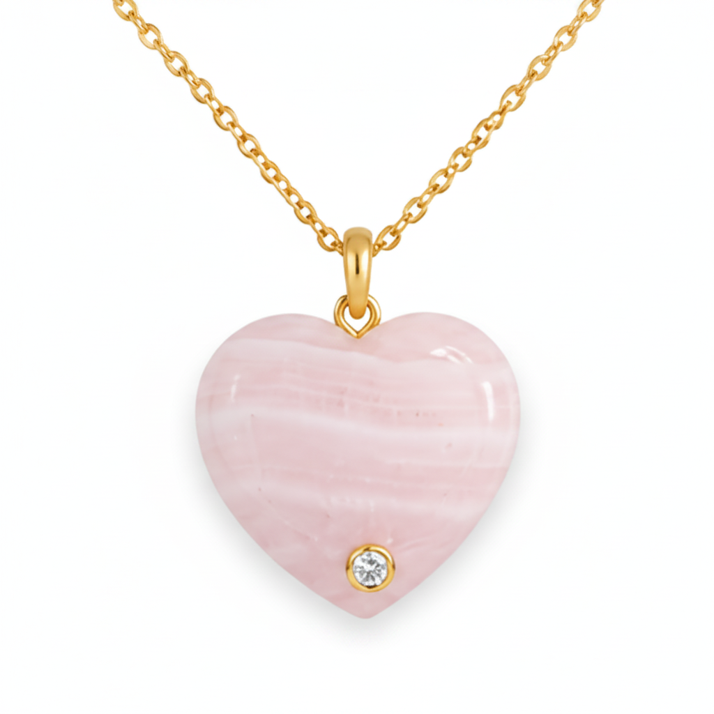14k gold heart pendant with rose quartz and round diamonds