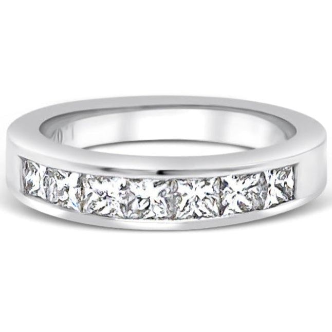 14k white gold half-band ring with seven channel-set diamonds totaling 1.02 cts