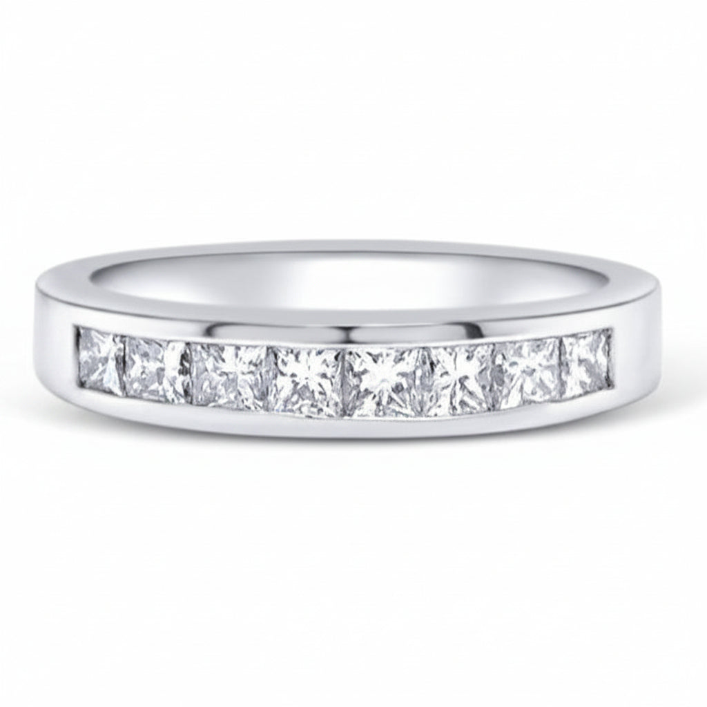 14k white gold half-band ring with eight channel-set diamonds totaling 0.74 cts