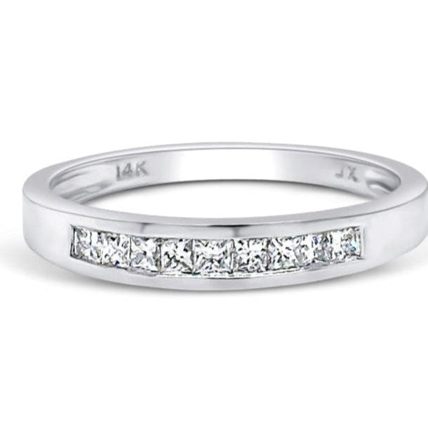14k white gold half-band ring with nine channel-set diamonds totaling 0.30 cts