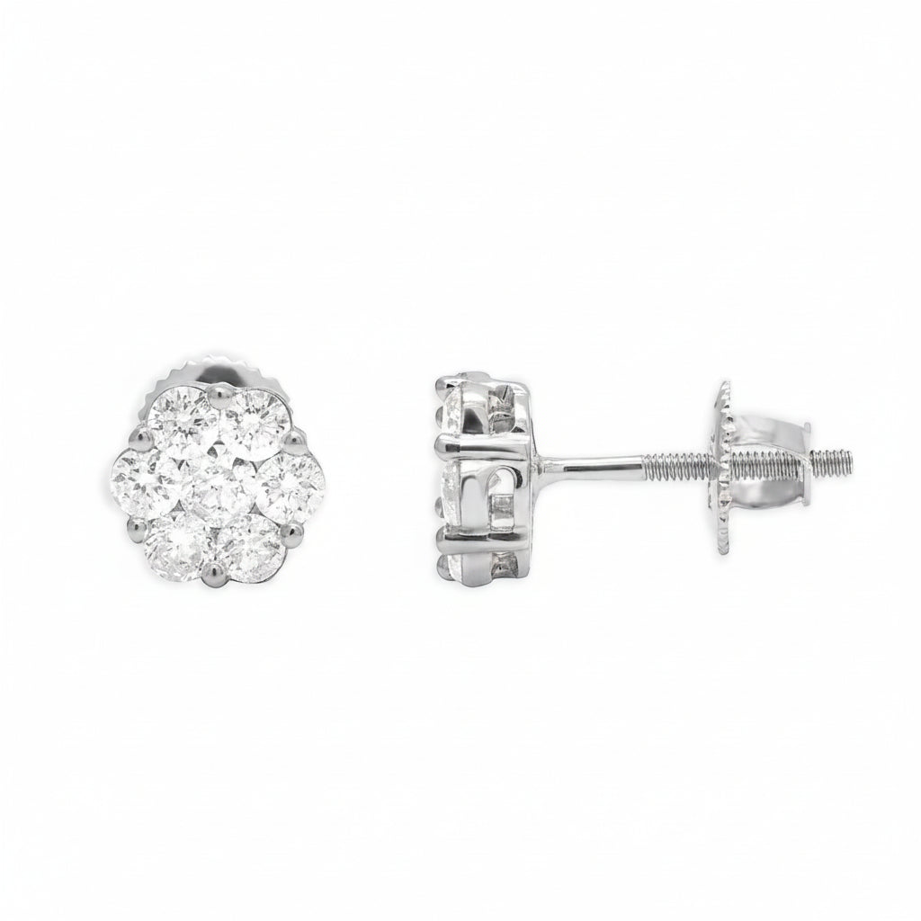 14k white gold round diamond cluster stud earrings with 0.45 cts natural diamonds