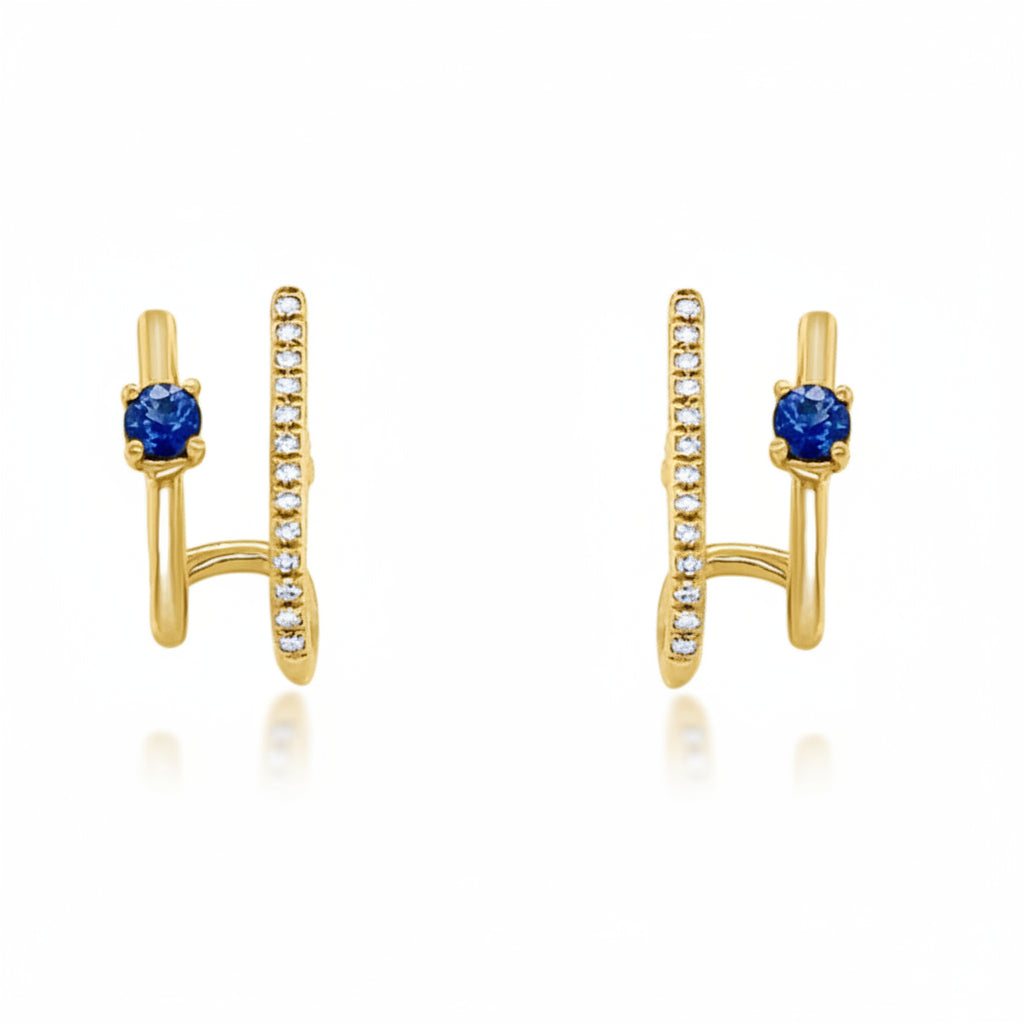 14k yellow gold huggie earrings with double row of sapphires (0.18 cts) and diamonds (0.07 cts)