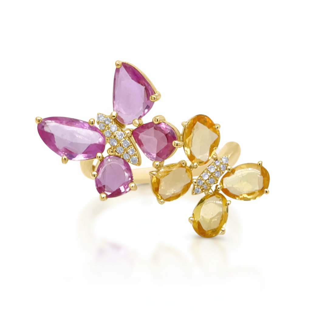 18k gold butterfly ring with 3.53 cts sapphires and 0.07 cts diamonds
