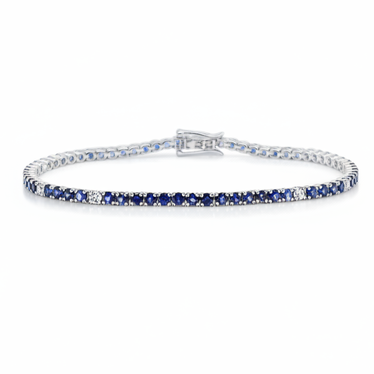 18k white gold tennis bracelet with 0.23 cts blue sapphires and 4.94 cts diamonds