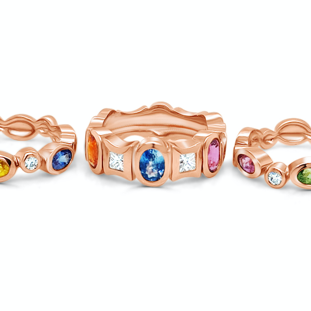 18k rose gold ring with multicolor sapphires and diamonds