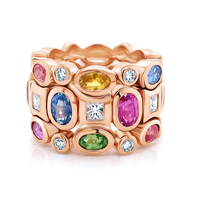 18k rose gold ring with multicolor sapphires and diamonds