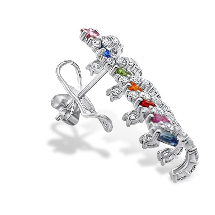 18k white gold lobe stud earrings with multicolor emerald-cut sapphires (1.94 cts) and round diamonds (2.57 cts)