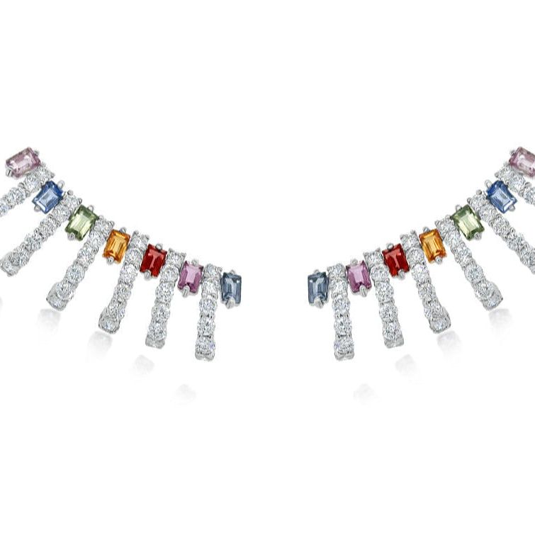 18k white gold lobe stud earrings with multicolor emerald-cut sapphires (1.94 cts) and round diamonds (2.57 cts)
