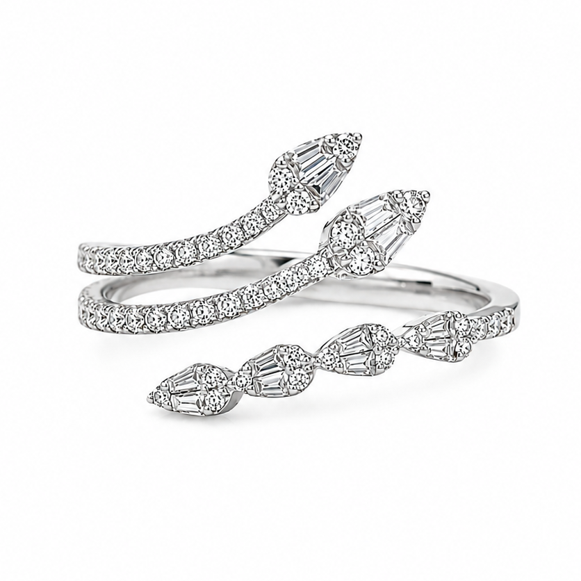 18k white gold open diamond ring with baguette and round diamonds 0.36 ct
