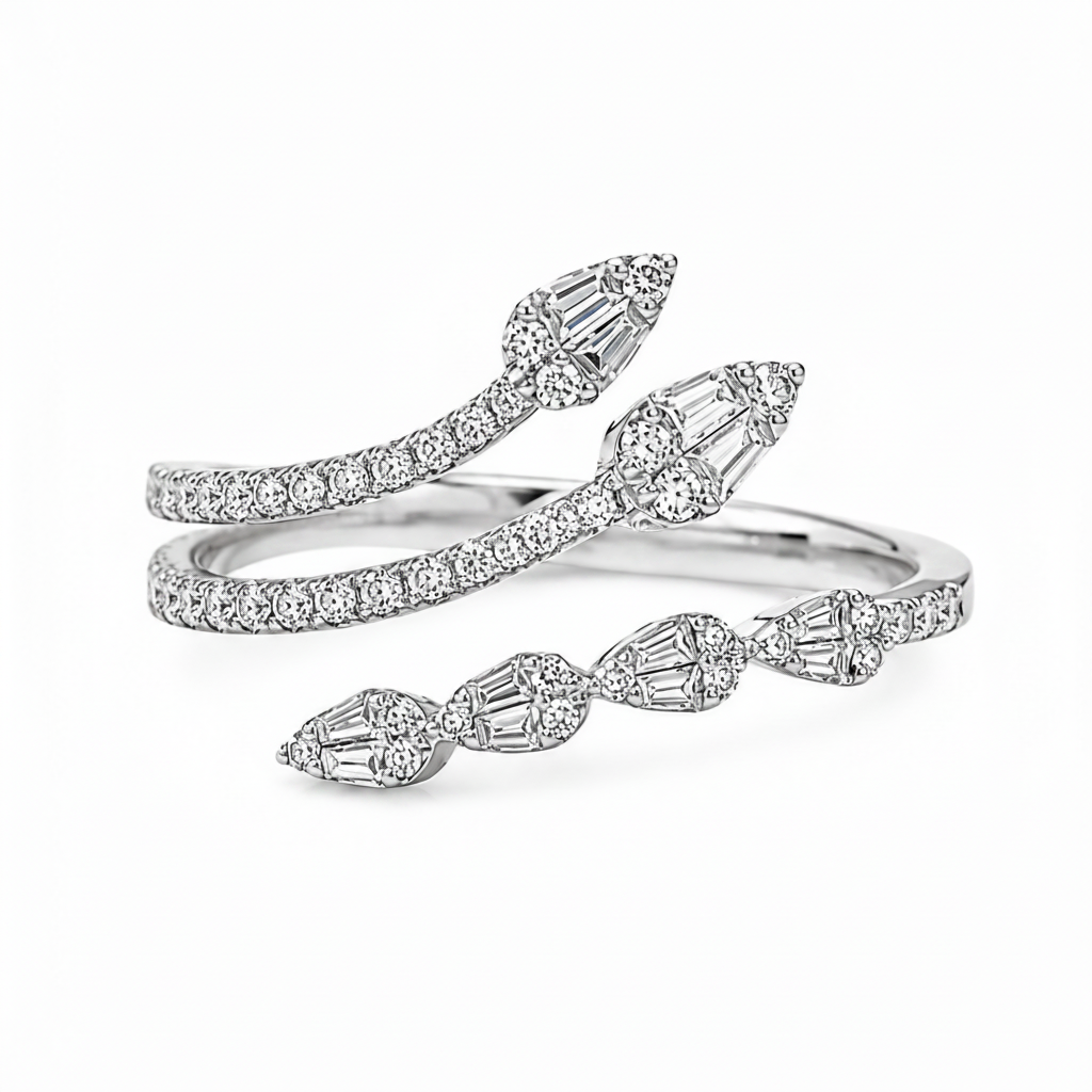 18k white gold open diamond ring with baguette and round diamonds 0.36 ct