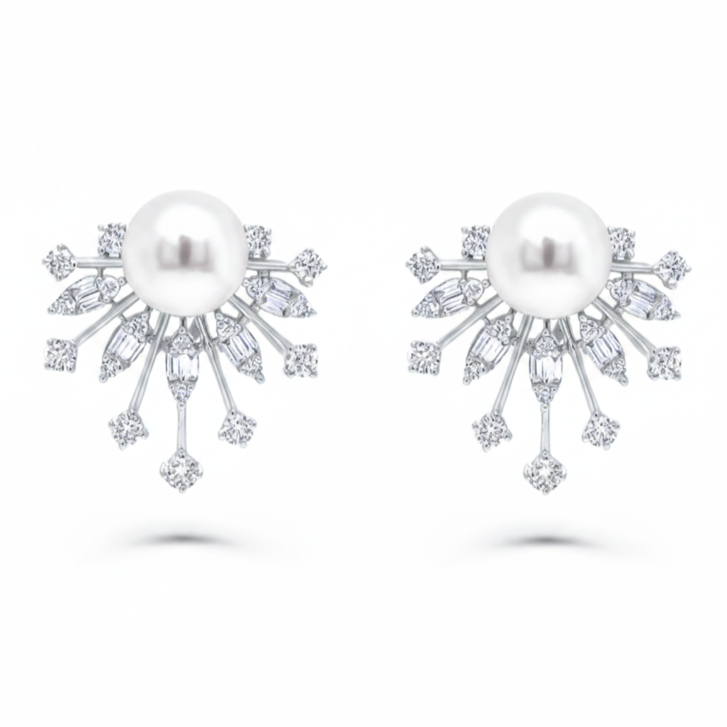 18k white gold stud earrings with 8 mm pearls and 0.84 cts of surrounding diamonds