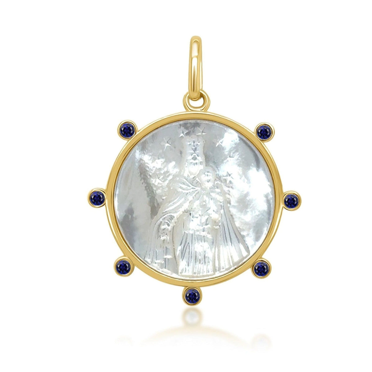 18k yellow gold medal pendant with mother-of-pearl center and diamond halo