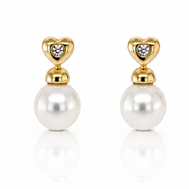 18k yellow gold pearl stud earrings with diamond heart accent