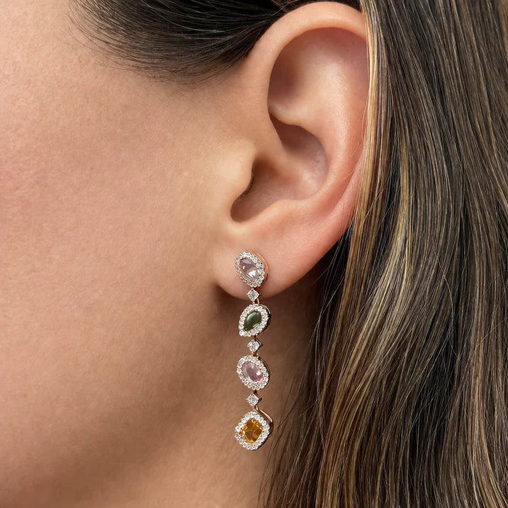18k rose gold drop earrings with 8 mixed-cut multicolor sapphires totaling 2.78 carats and 120 brilliant-cut diamonds totaling 0.94 carats