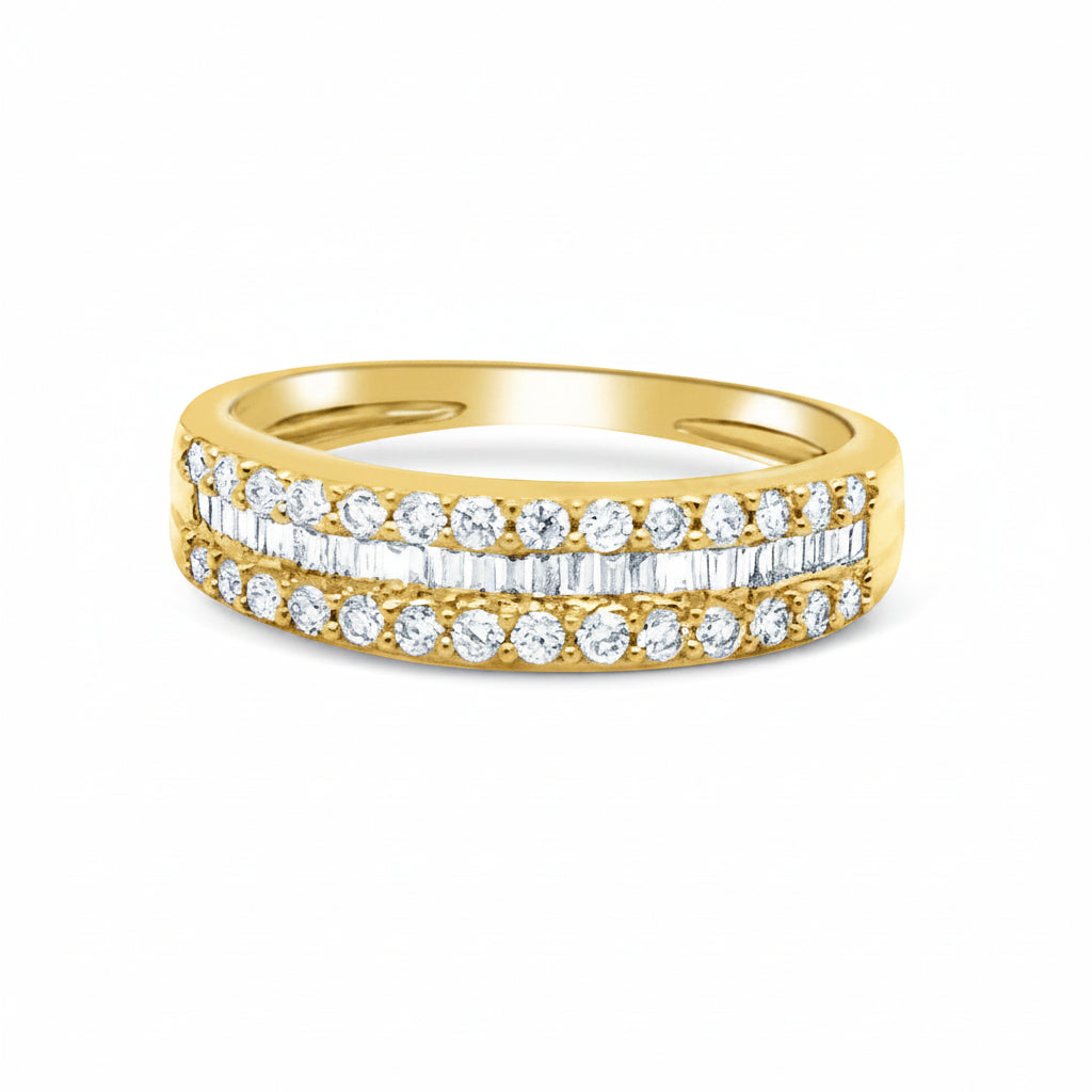 Baguette and round diamond band in 18k yellow gold by Diamond Tales