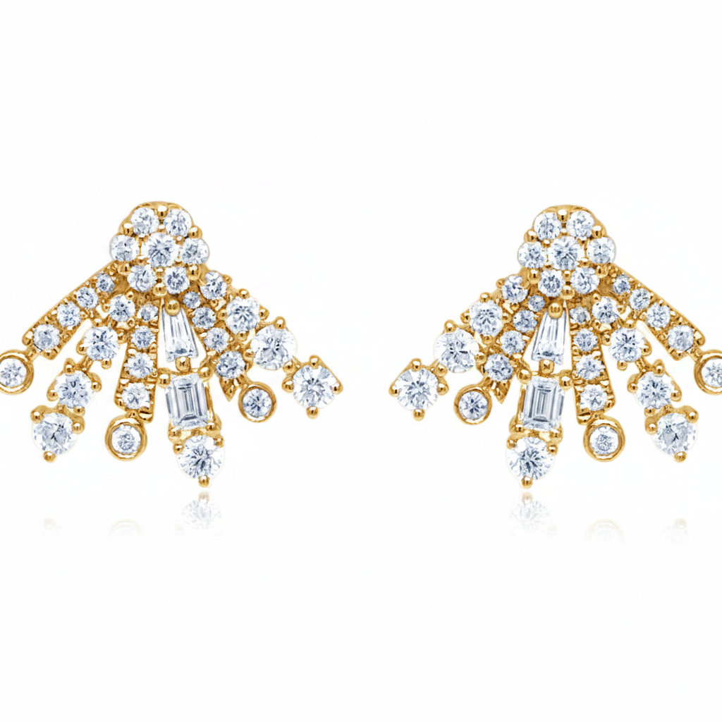 Baguette and round diamond stardust earrings in 18k yellow gold by Diamond Tales