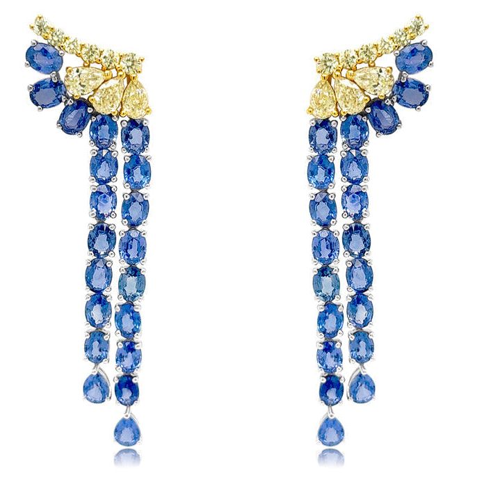 Twin-strand drop earrings in 18k yellow and white gold with blue sapphires and diamonds by Diamond Tales