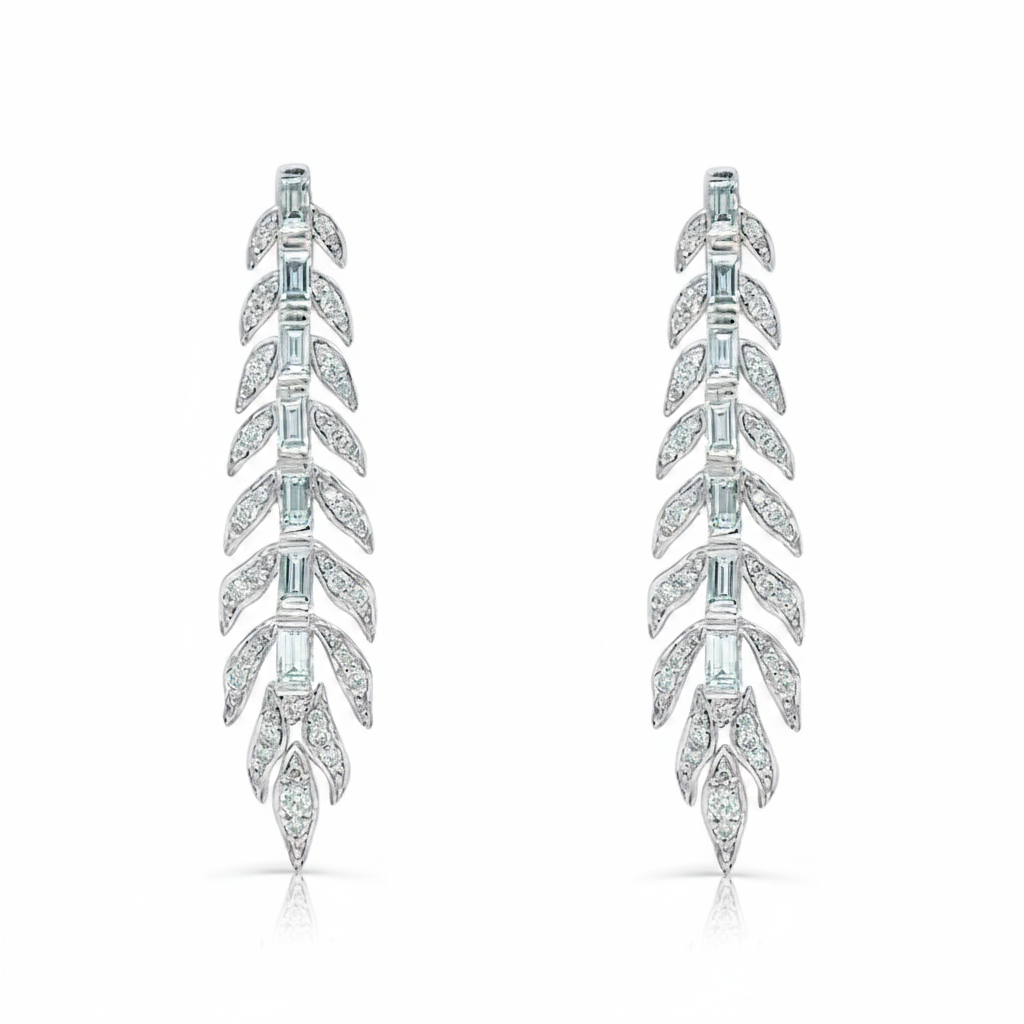 Leaf-shape drop earrings in 18k white gold with marquise and round diamonds by Diamond Tales