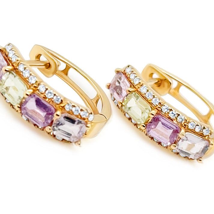 Multicolor sapphire and diamond hoop earrings in 18k yellow gold by Diamond Tales