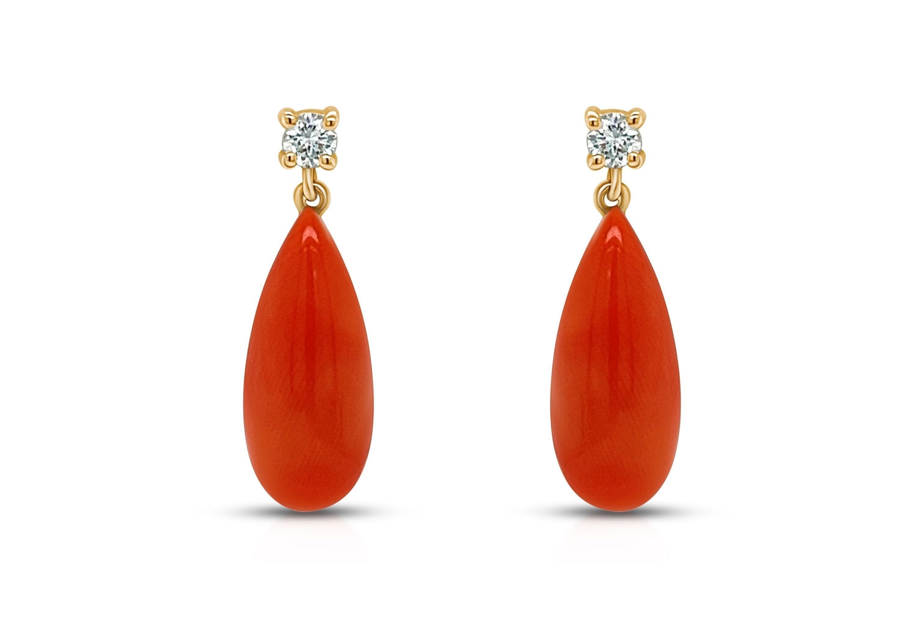 Earrings 18k Gold Coral Drops & Diamonds