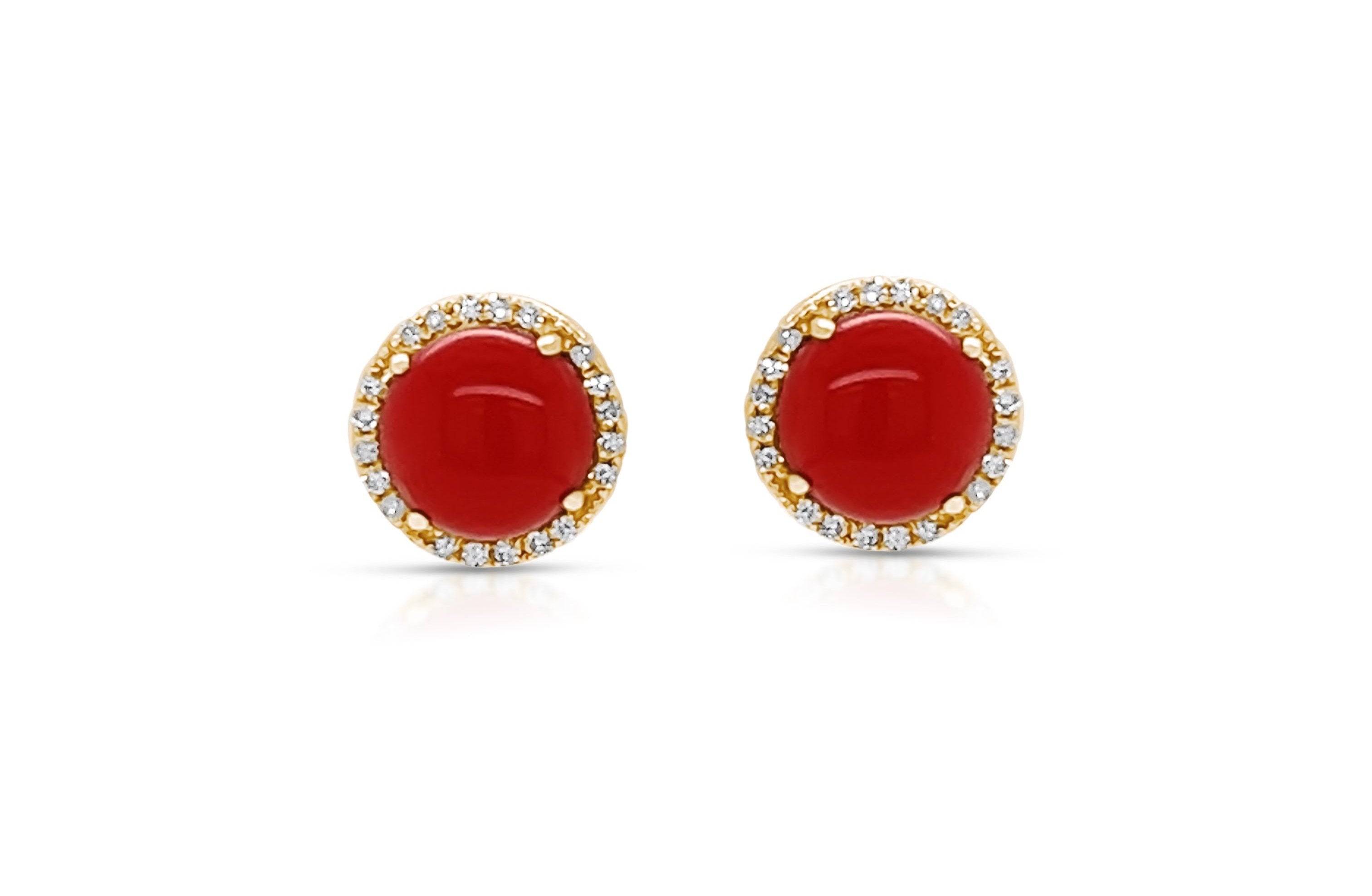 Earrings 18K Gold Natural Coral & Diamonds Halo