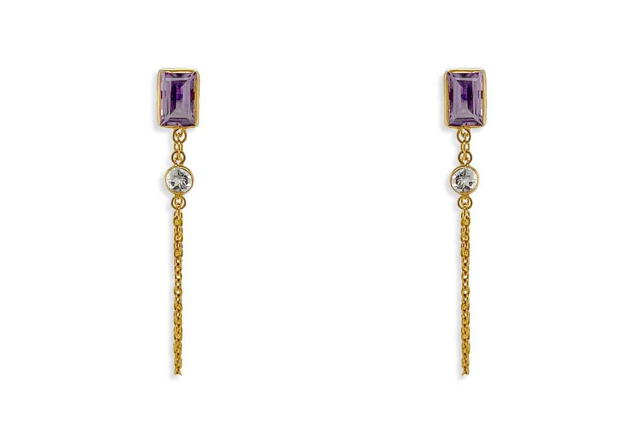 Earrings 18kt Gold Amethyst Chain & White Topaz