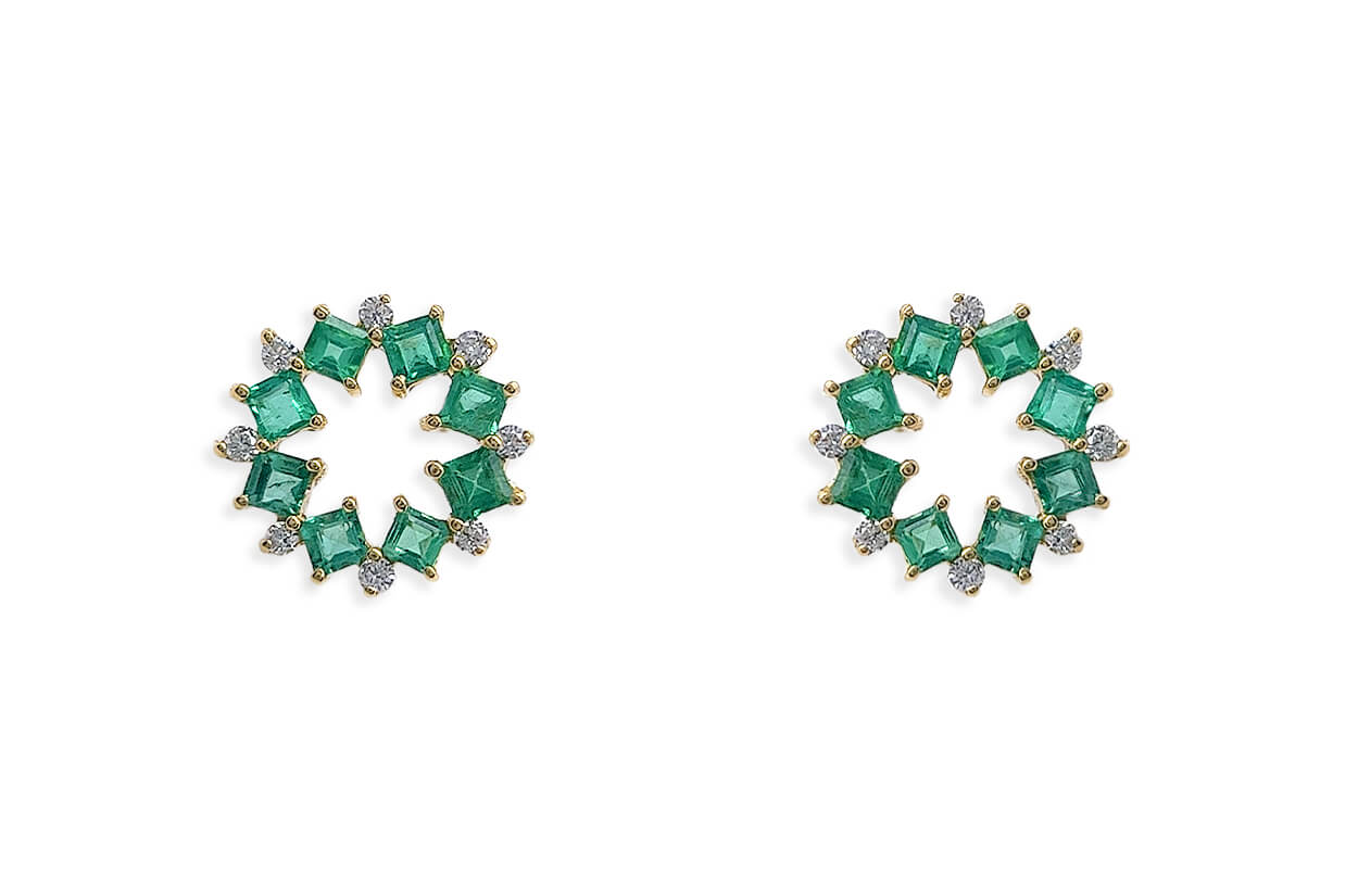 Earrings 18kt Gold Open Flowers Gems & Diamonds Studs