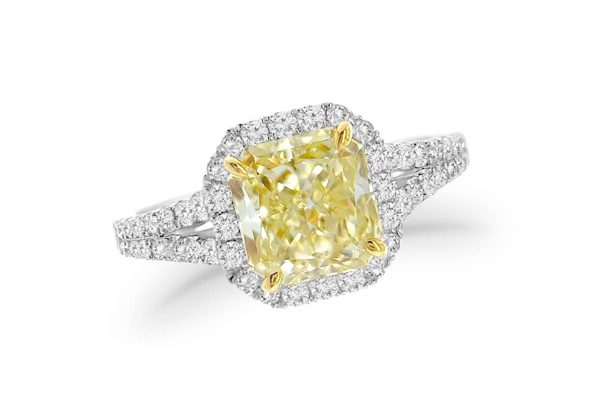 Ring Platinum GIA Fancy Yellow Diamond & Pave Split Shank