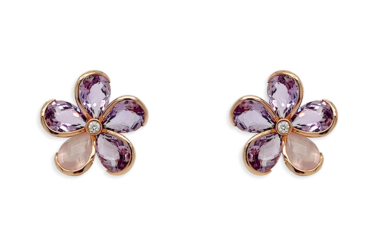 Earrings 18kt Gold Quartz & Amethysts Flowers