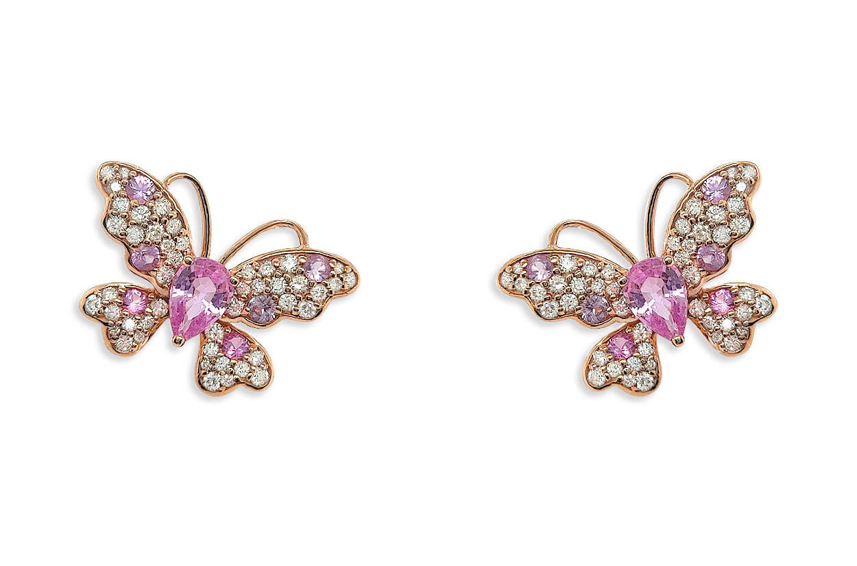 Earrings 18kt Gold Pink Sapphire & Diamonds Butterflies
