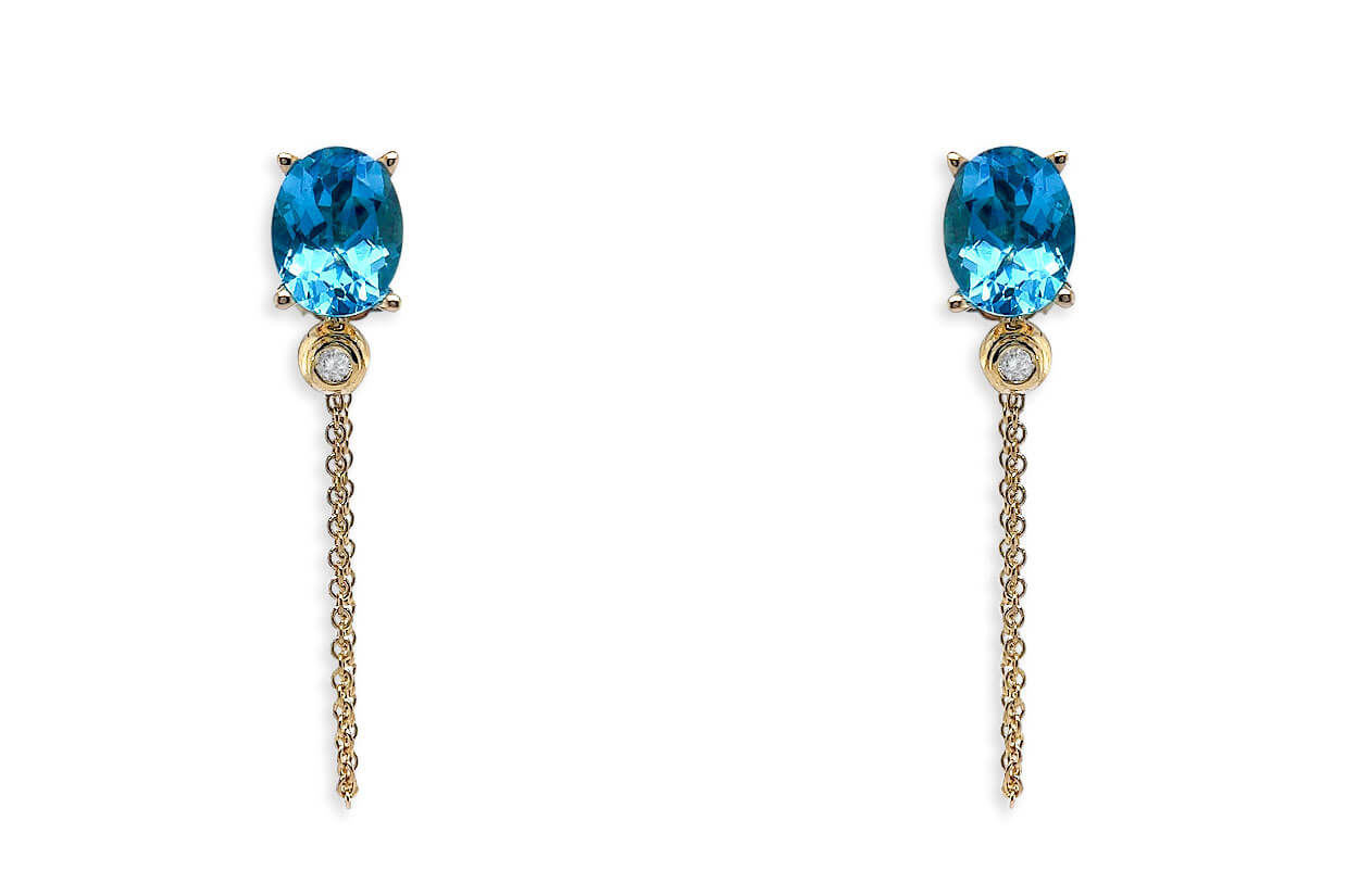 Earrings 18kt Gold Oval Blue Topaz Chain & Diamonds Studs