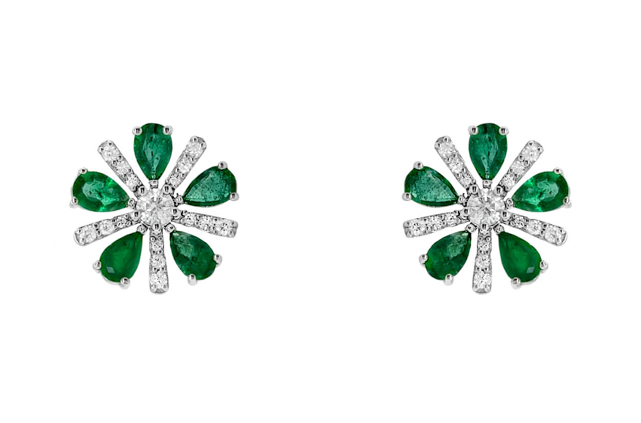 Earrings 18kt White Gold Flowers Pear Emeralds & Diamonds