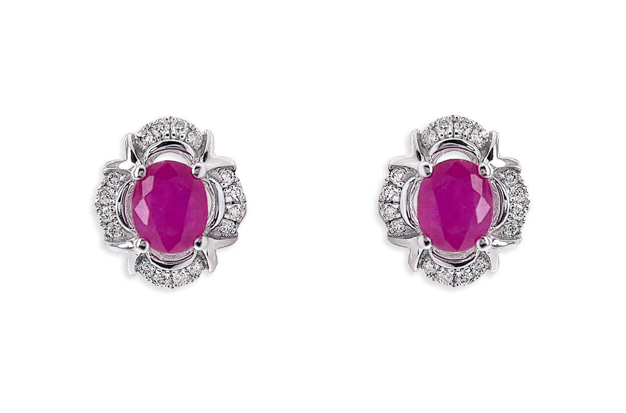 Earrings 18kt Gold Vintage Oval Rubies & Diamonds
