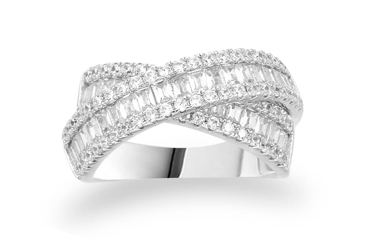 Ring 18kt Gold Baguette & Round Diamonds Cross Band