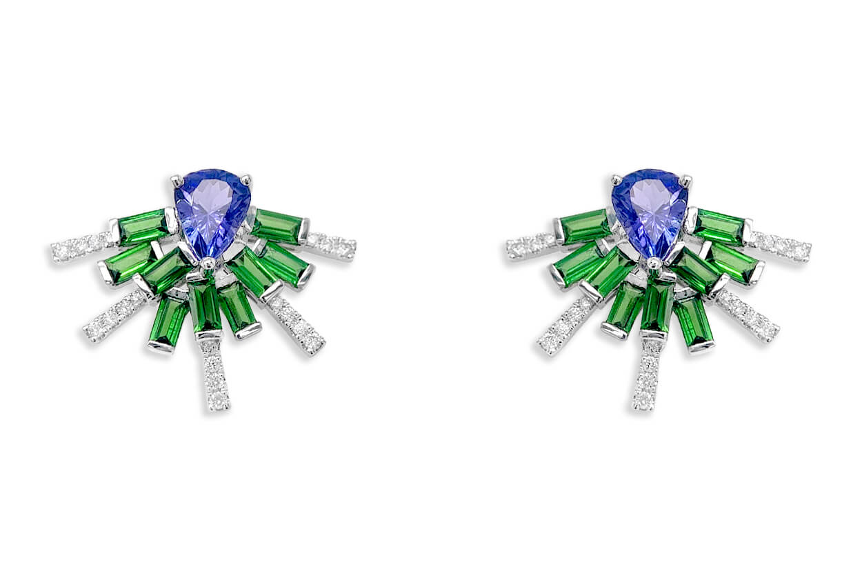 Earrings 18kt White Gold Tanzanites Tsavorites & Diamonds Climbers