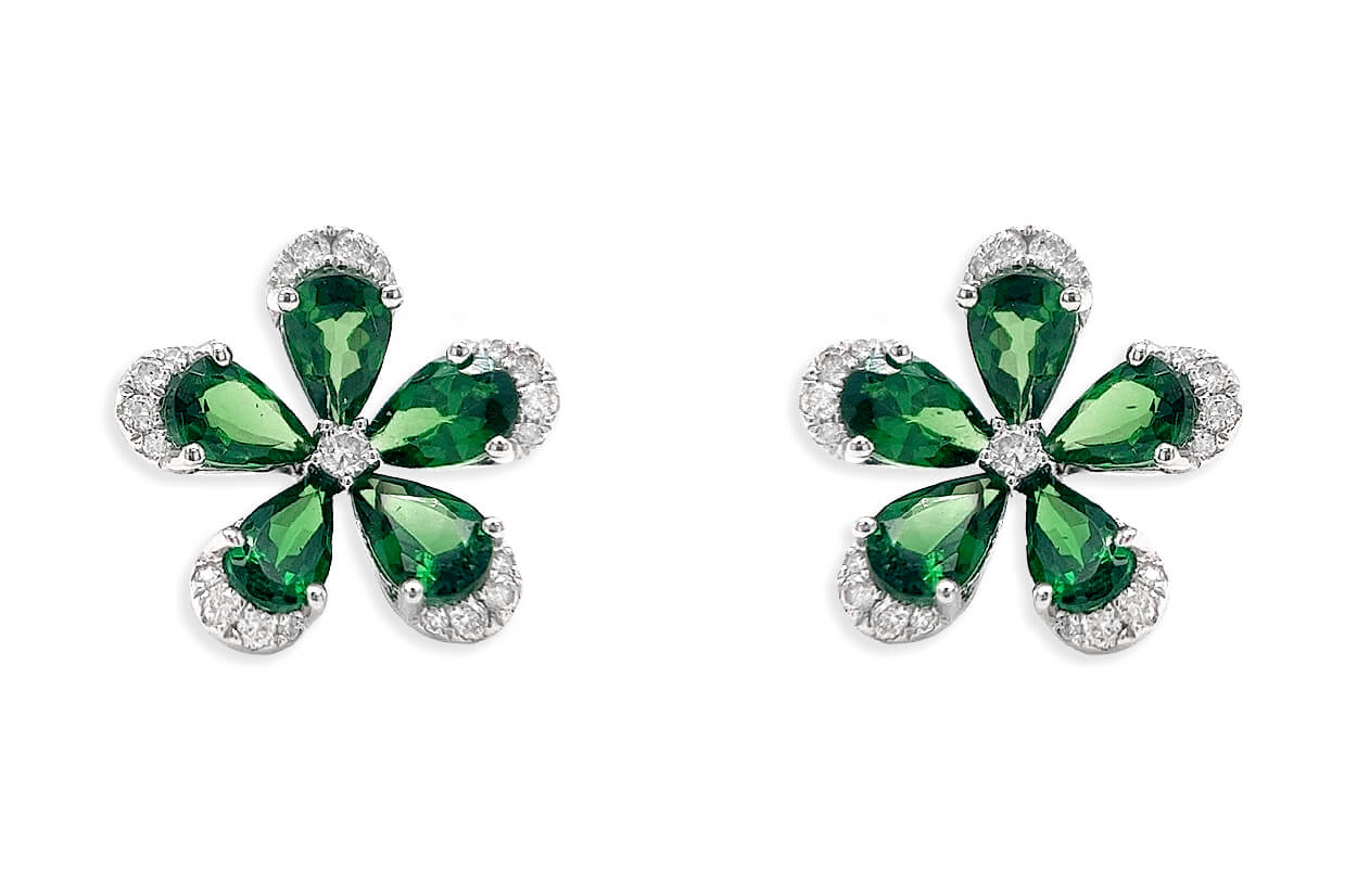 Earrings 18kt Gold Flowers Pear Tsavorite Garnets & Diamonds