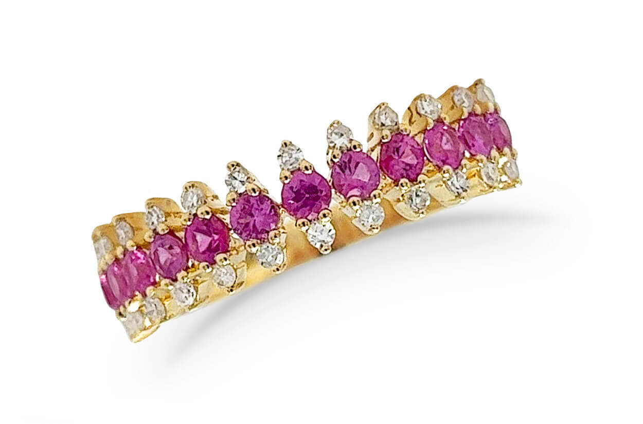 Ring 14kt Gold Round Pink Sapphires & Diamonds Band