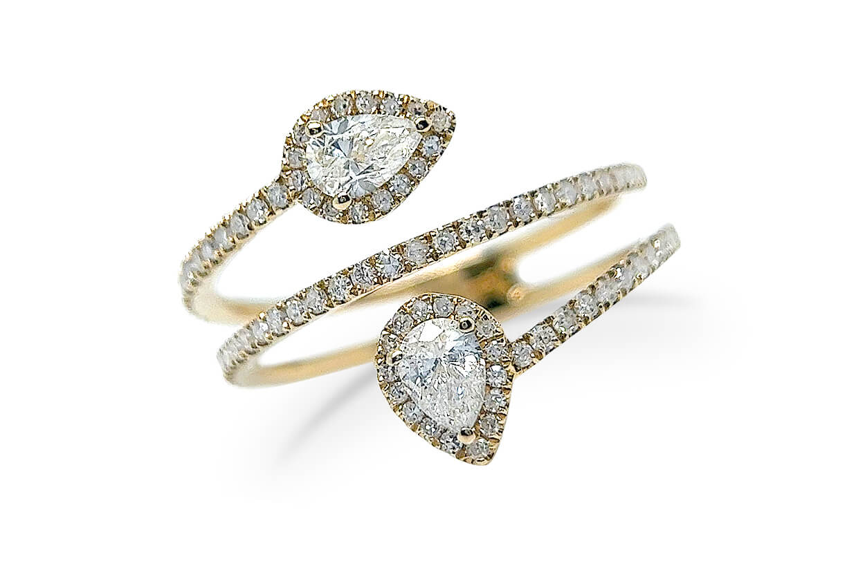 Ring 14kt Gold Two Pear & Pave Diamonds Triple Bypass