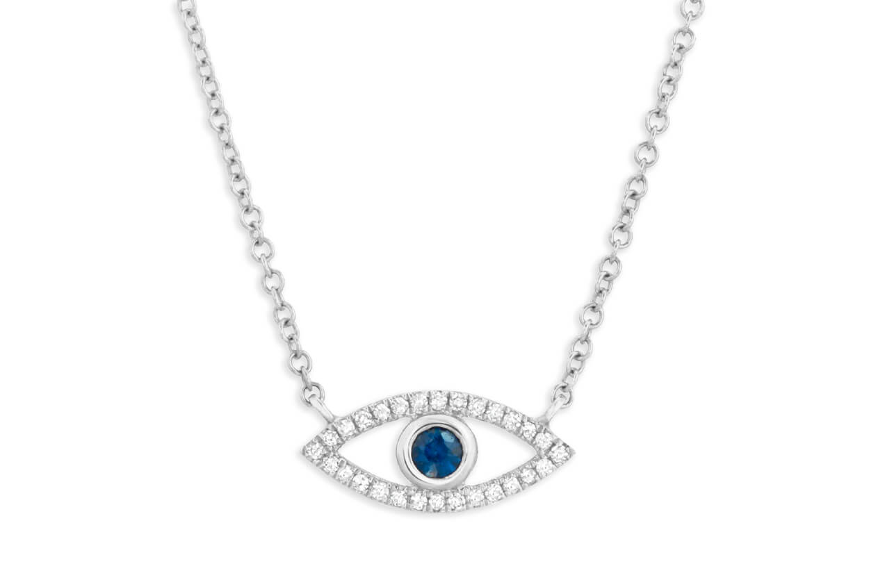 Necklace 14kt White Gold Devil Eye Bezel Sapphire & Diamonds