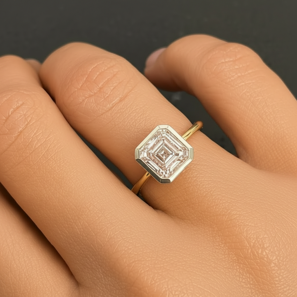 18k yellow gold ring with Asscher-cut fancy pink lab-grown diamond by Diamond Tales
