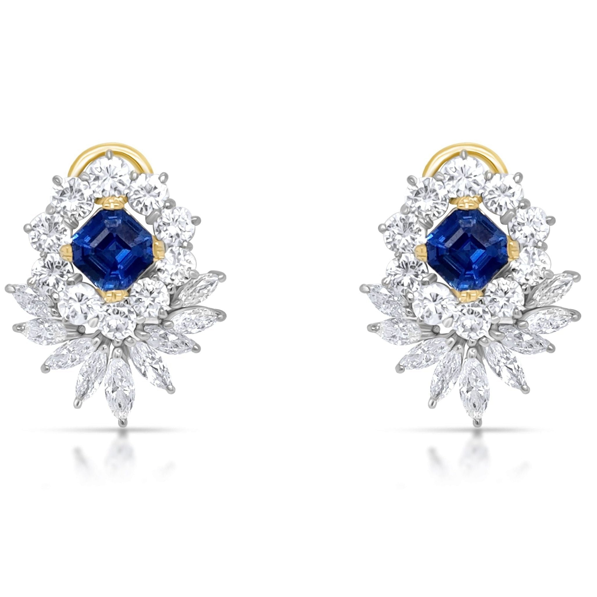Asscher sapphire and marquise diamond earrings in platinum and 18k gold – Diamond Tales