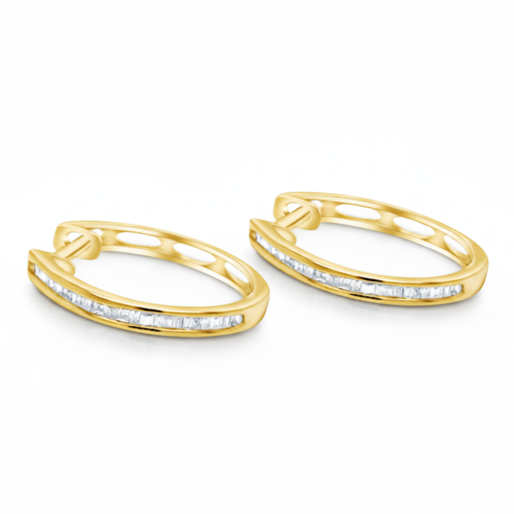 18k yellow gold baguette diamond hoop earrings by Diamond Tales