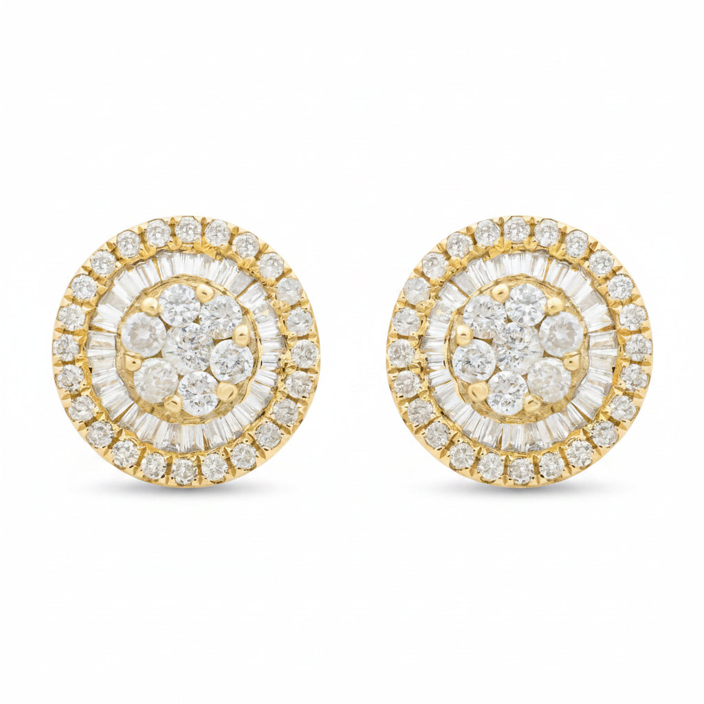 18k yellow gold stud earrings with circular cluster of baguette and round diamonds