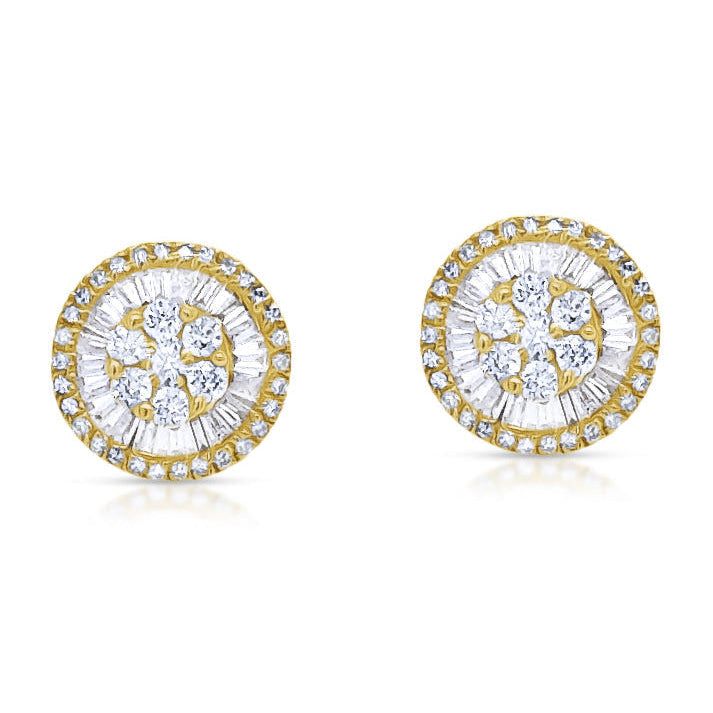18k yellow gold stud earrings with baguette and round brilliant-cut diamonds totaling 0.46 carats