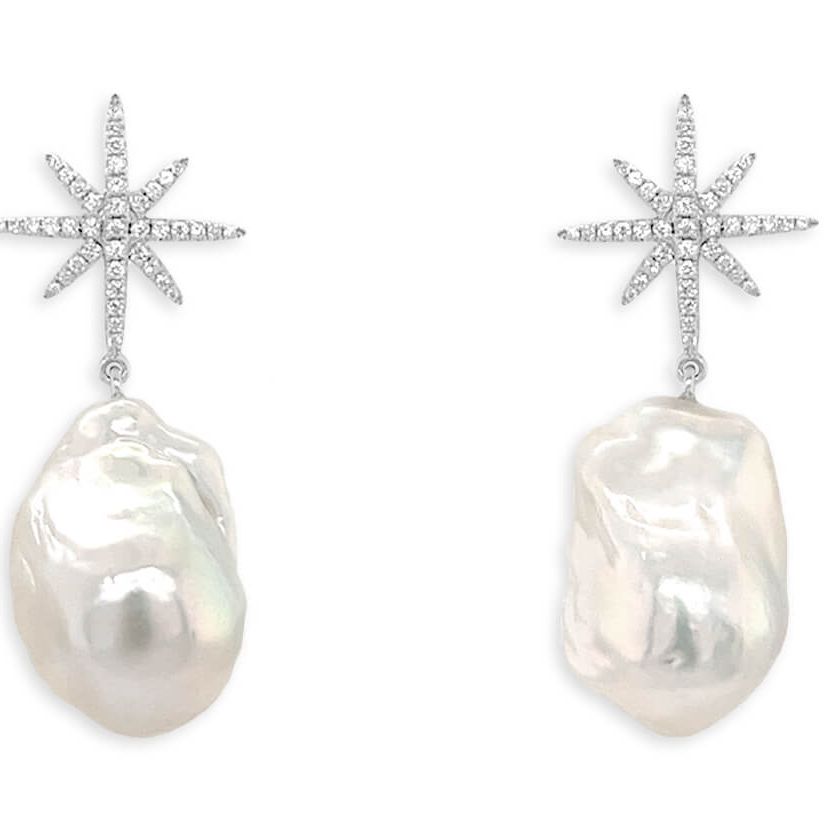 14k gold drop earrings with baroque pearls and star-shaped diamond accents