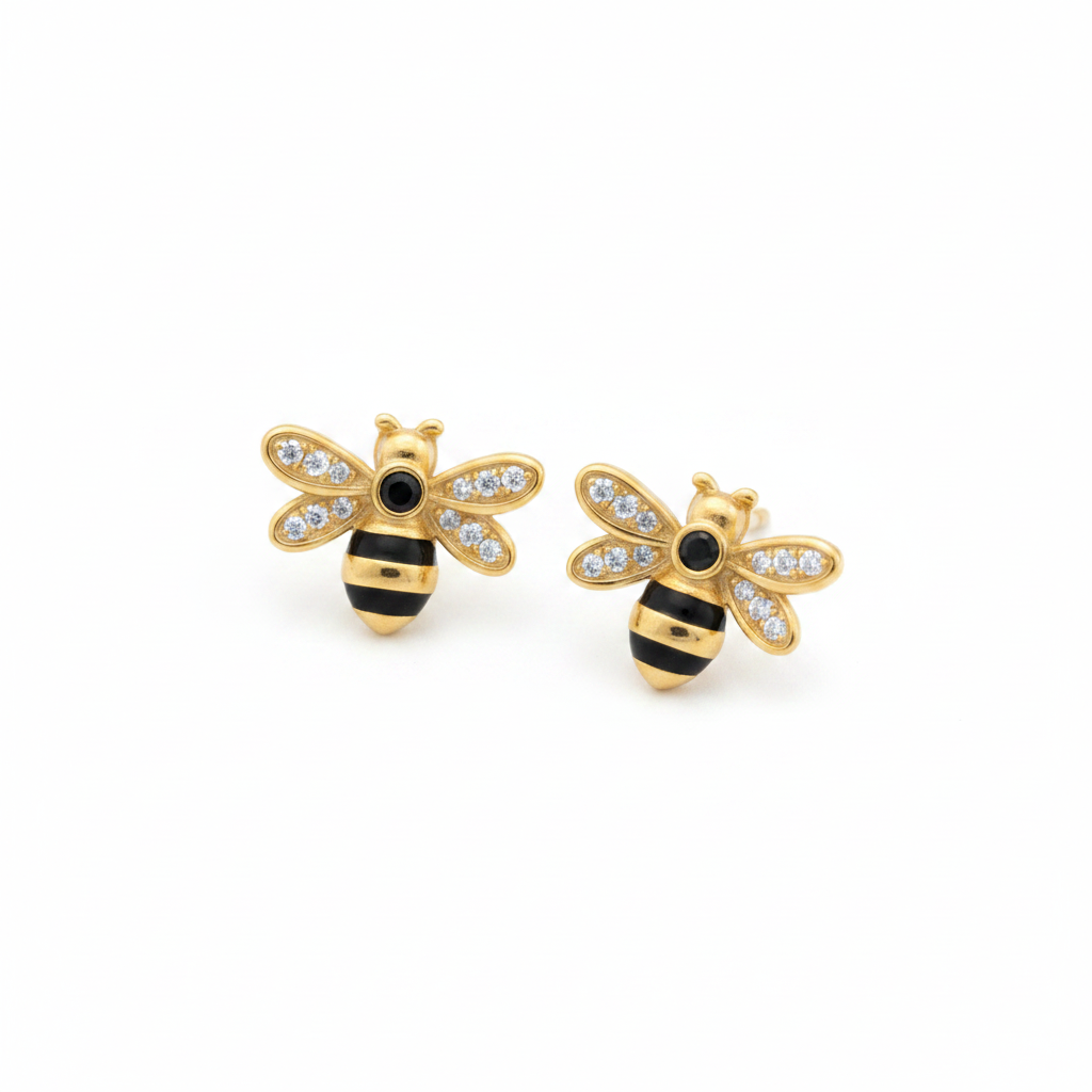14k gold bee earrings with round diamond accents