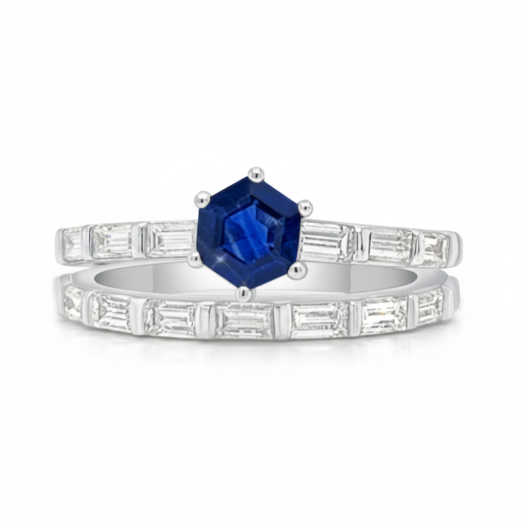 Platinum ring with blue sapphires and baguette diamonds by Diamond Tales