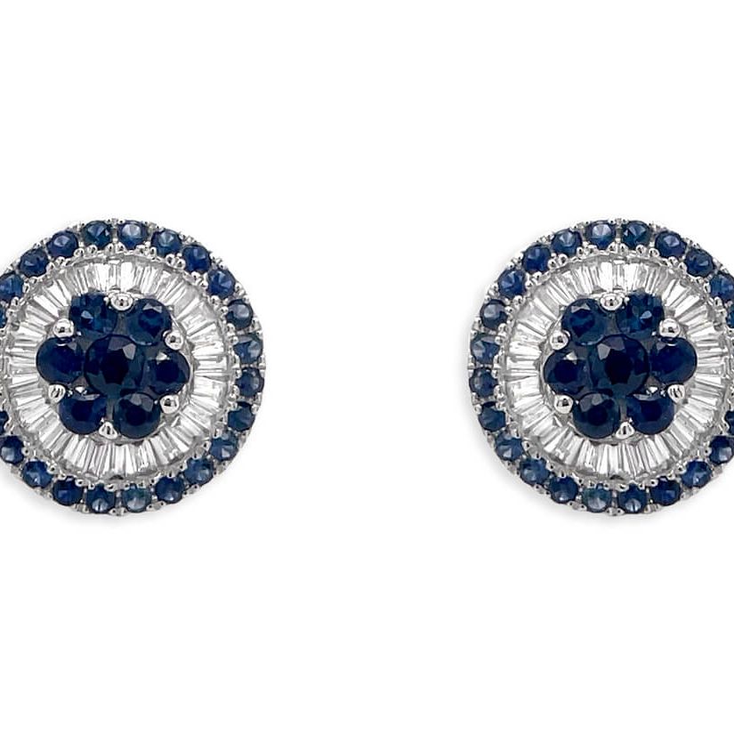 18k white gold cluster stud earrings with central blue sapphires and baguette & round diamond border